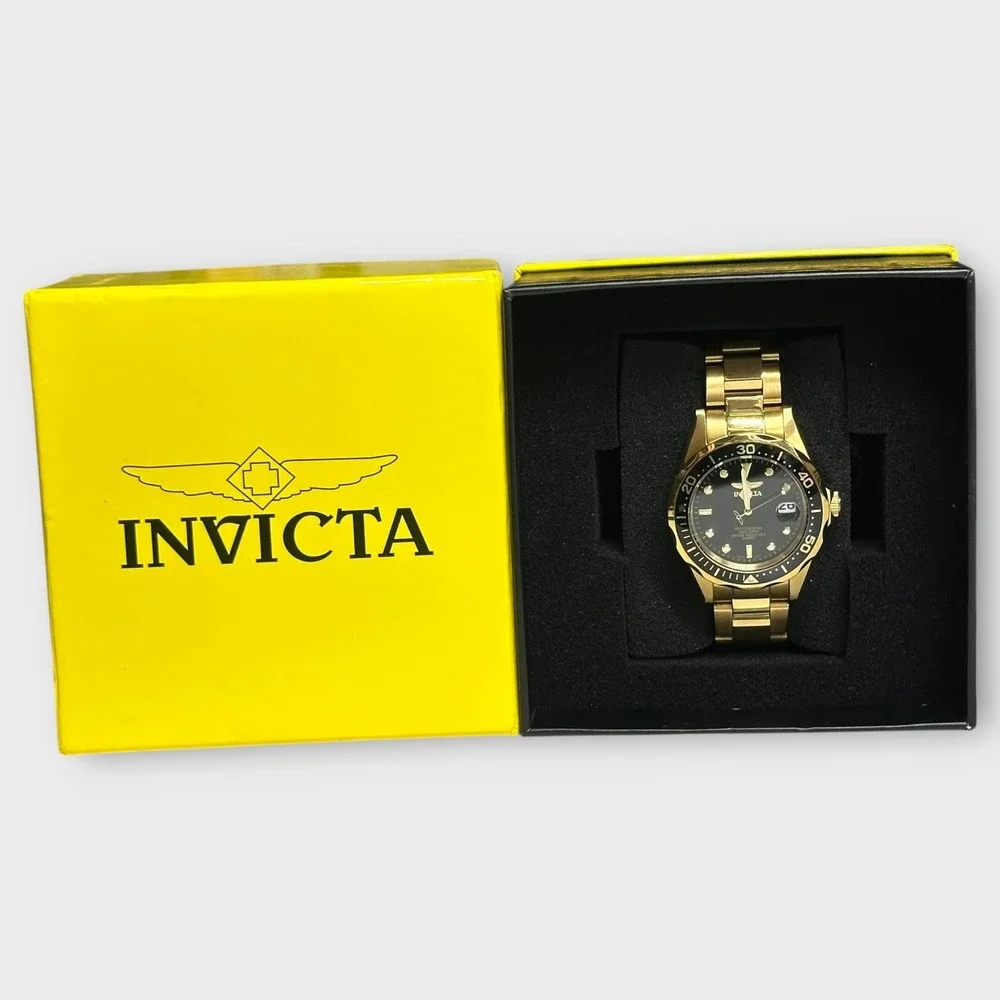 Invicta Watch Gold Tone‎ Mens 40mm Black Dial Date 200M Stainless 8936 Boxed